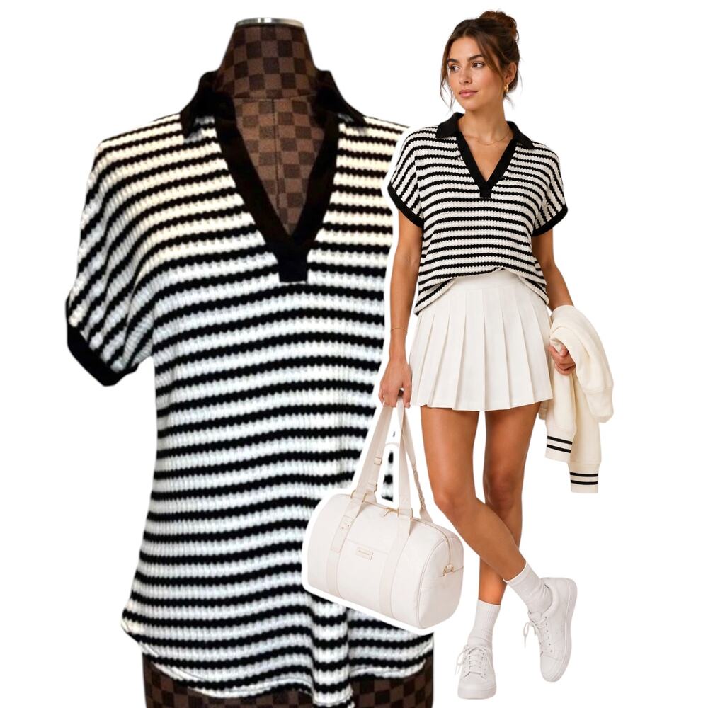 Wrapper Womens Knit Polo Shirt Large Black White Striped Tenniscore Preppy Top